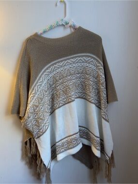 Neutral Beige & Cream Knit Poncho with Fringe